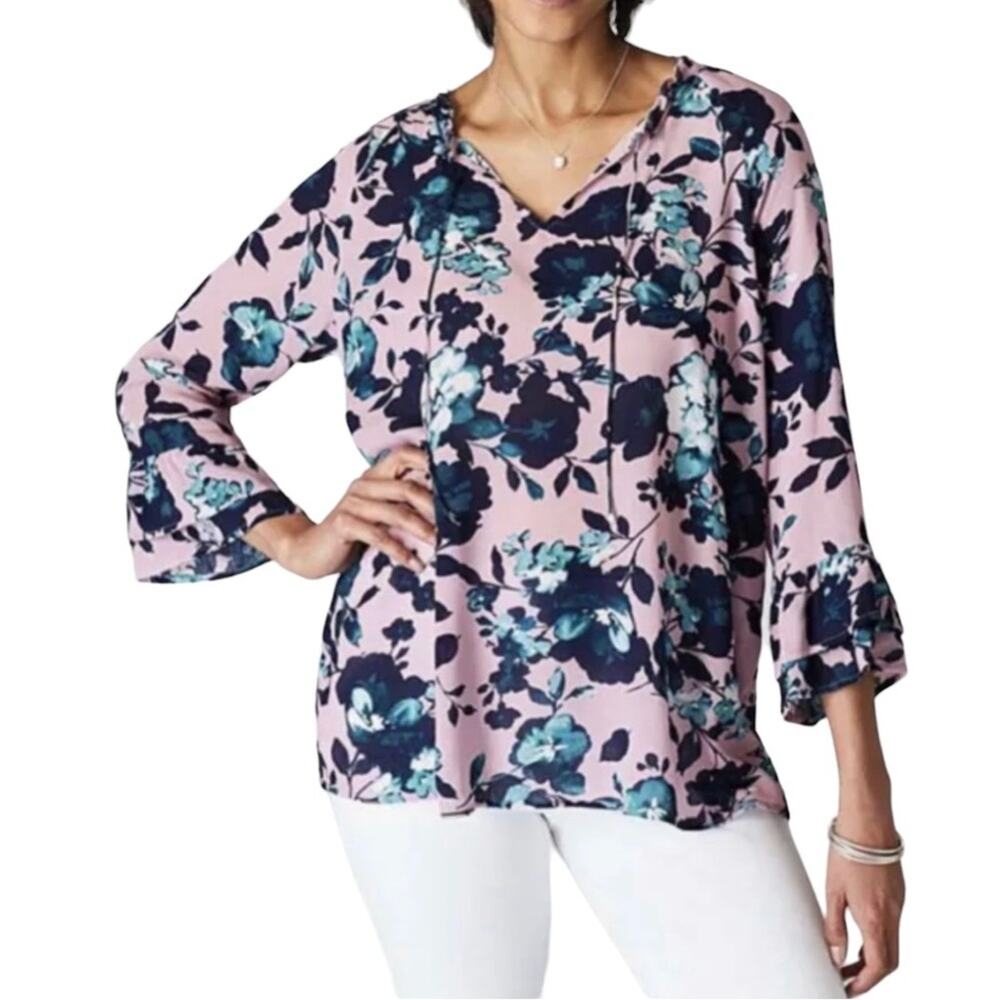 J.Jill Women's Sz XL Mauve Beautiful Blooms Floral Long Sleeves  Relax Travel